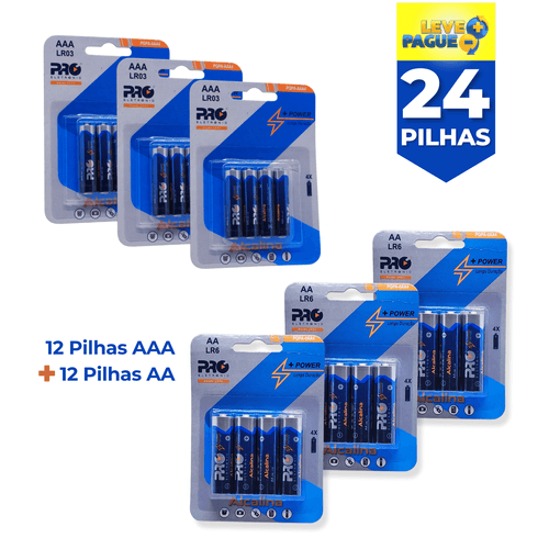 Combo de Pilhas Alcalinas Proeletronic 12 pilhas AAA + 12 pilhas AA – Total 24 unidades