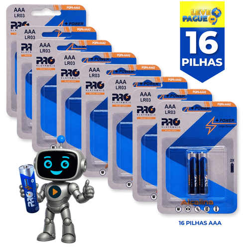 Combo com 16 Pilhas Alcalinas AAA 1.5V Proeletronic – 8 blisters com 2 unidades